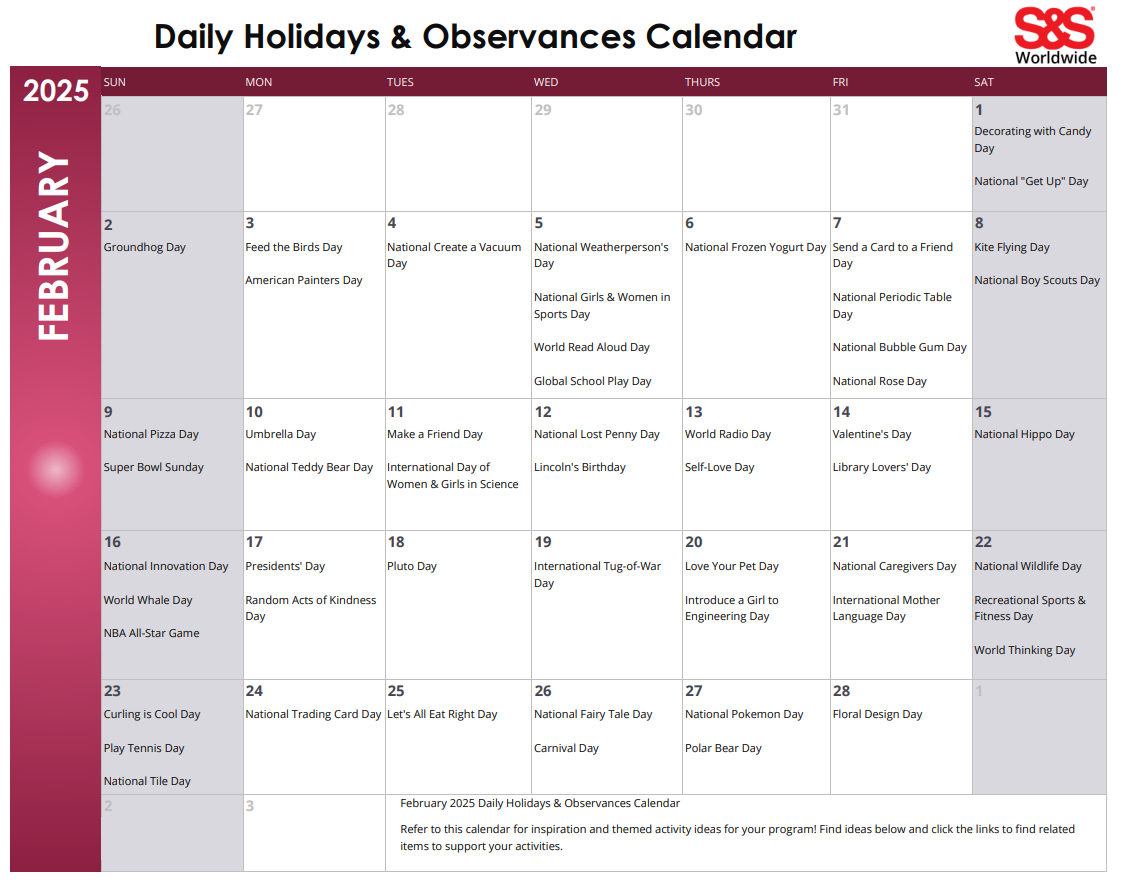 February Daily Holidays &amp;amp; Observances Printable Calendar - S&amp;amp;S Blog | Calendar February Holidays