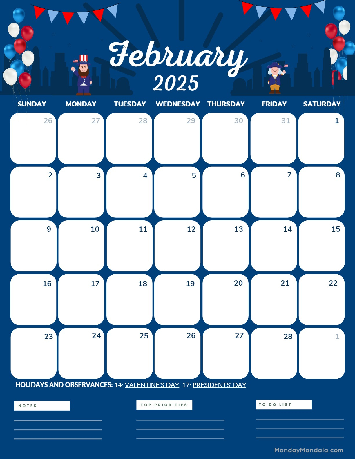 February | February 2025 Calendar Presidents Day