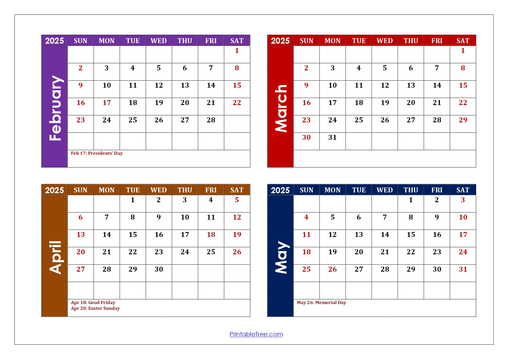 February To May 2025 Calendar Printable Pdf | Four Months Calendar | Calendar 2024