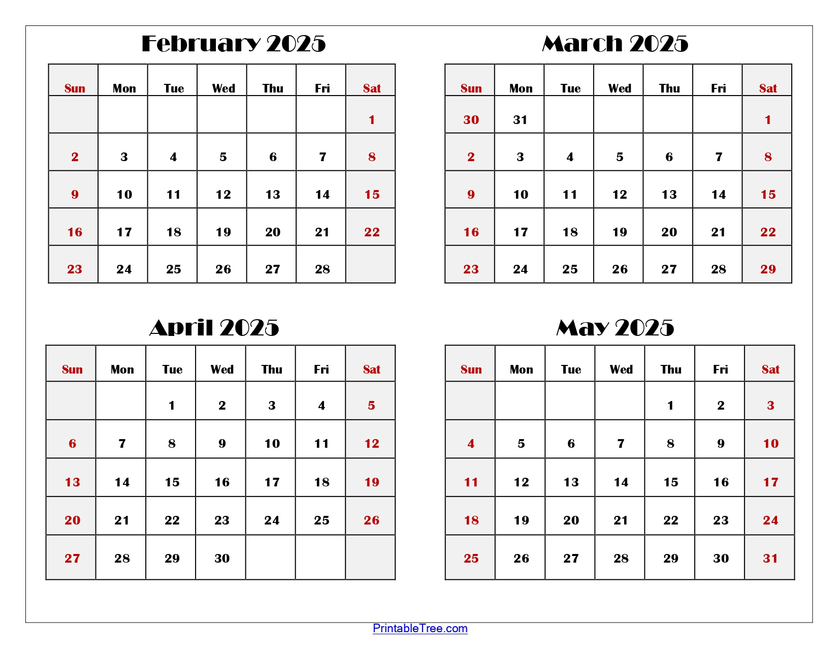 February To May 2025 Calendar Printable Pdf | Four Months Calendar | Calendar 2024