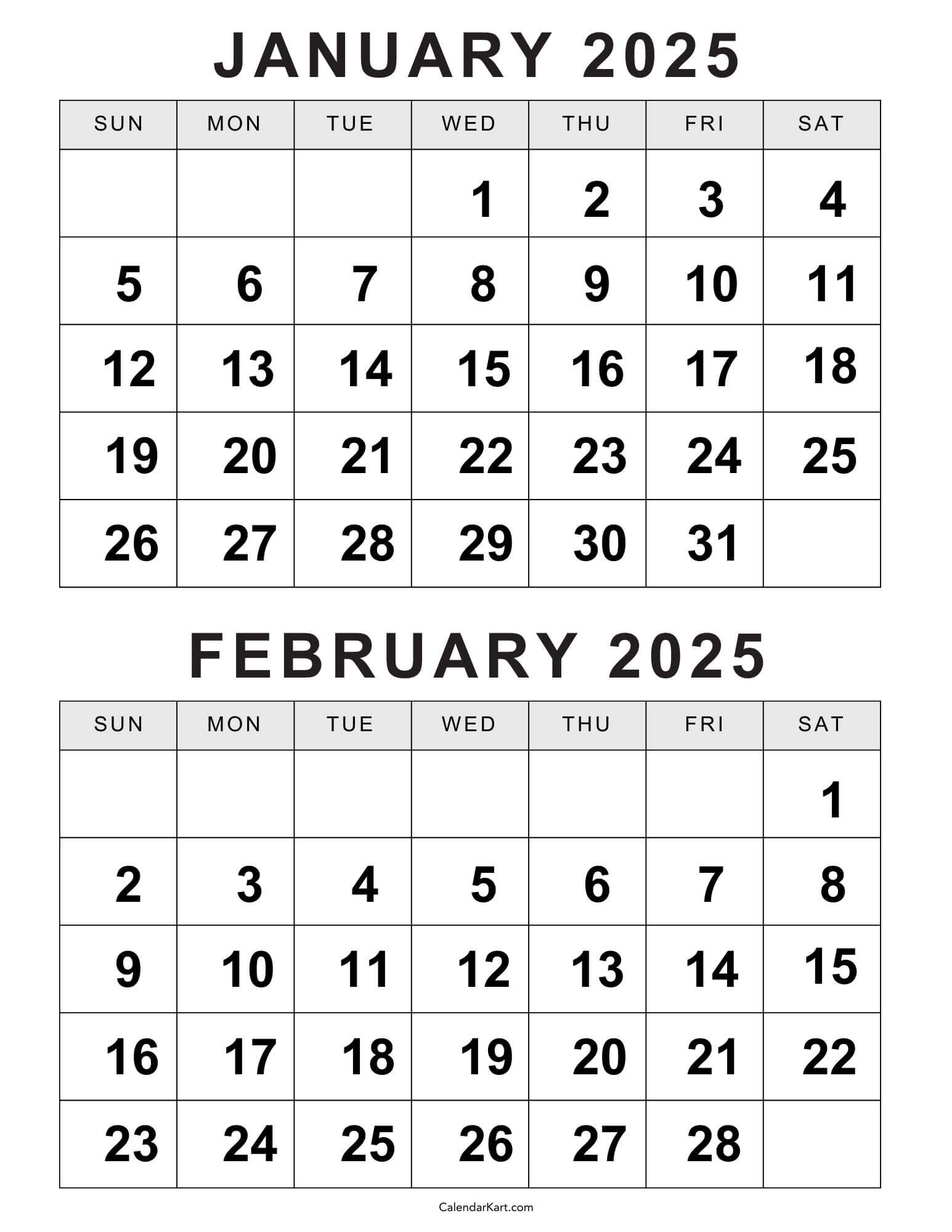 Free Printable January February Calendar 2025 - Calendarkart | December January February Calendar 2025 Printable