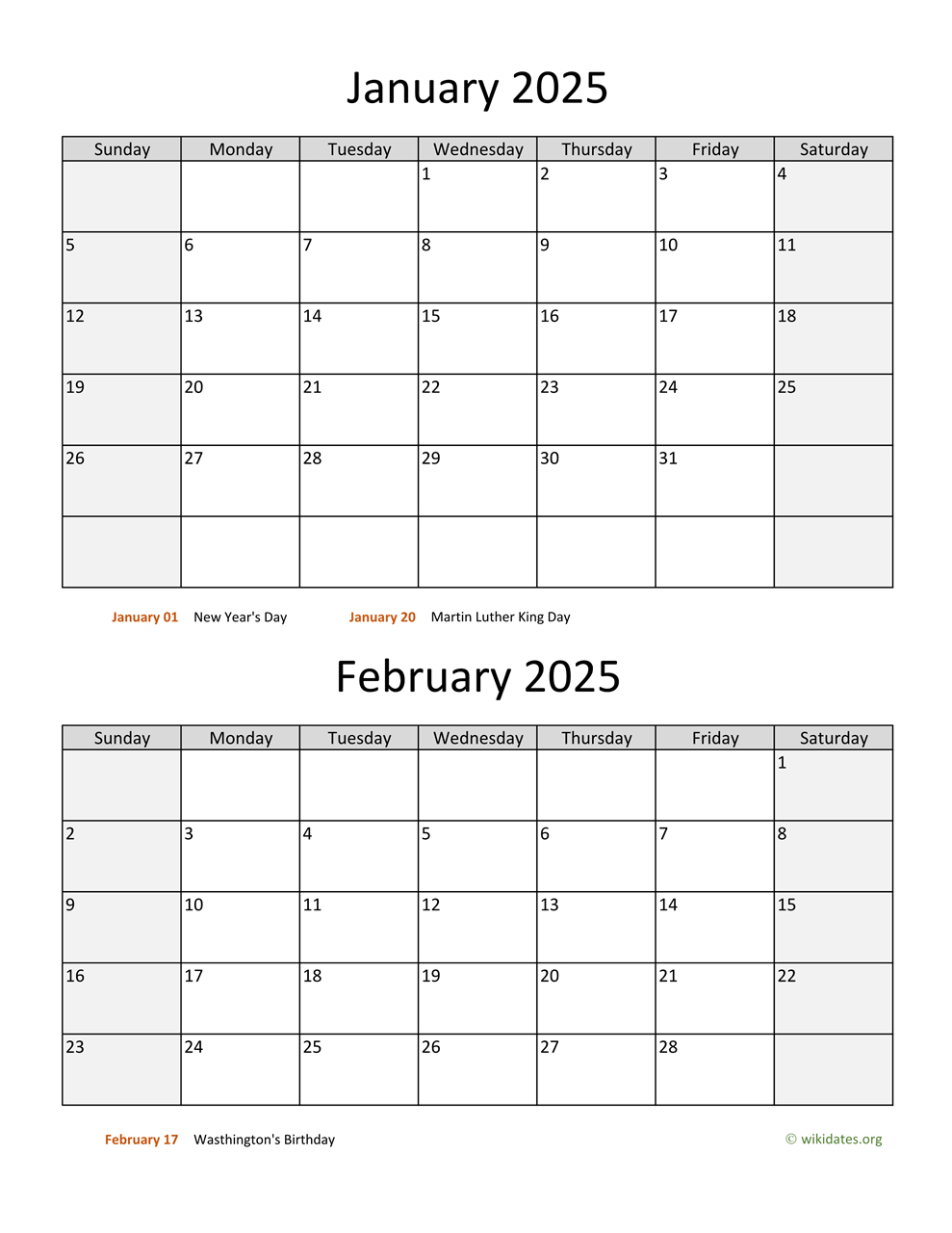 January And February 2025 Calendar | Wikidates | 2025 January and February Calendar