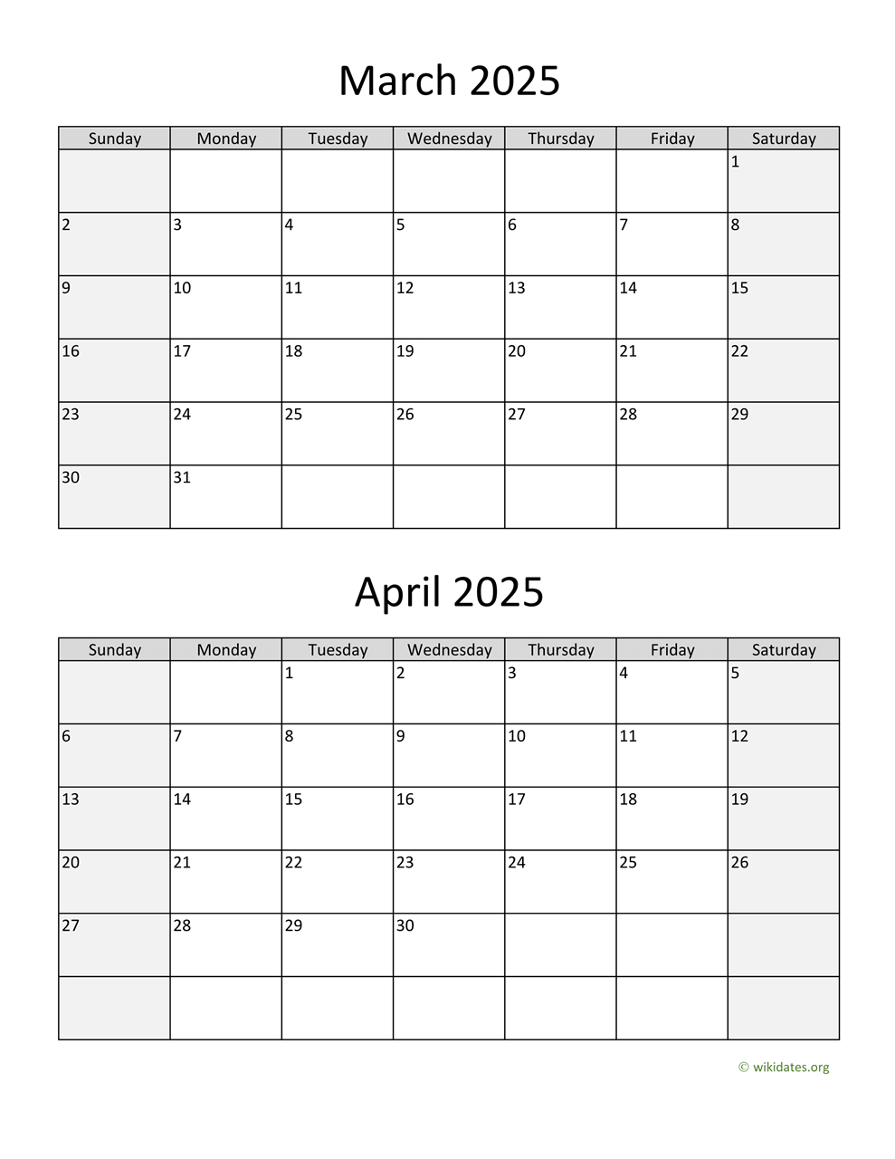 March And April 2025 Calendar | Wikidates | Calendar 2024