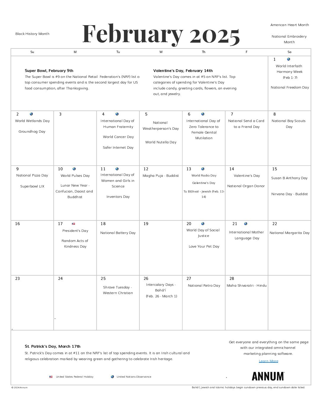 Printable February 2025 Calendar | February Holidays | Annum | National Day Calendar February 2025