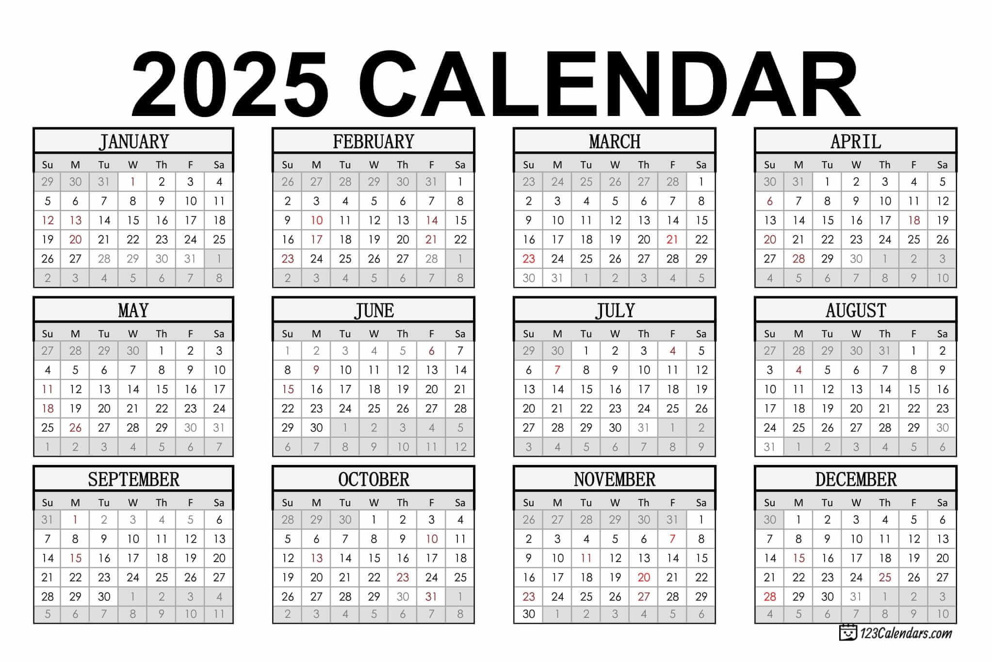 Year 2025 Calendar Templates | 123Calendars | February 2025 Calendar 123calendars