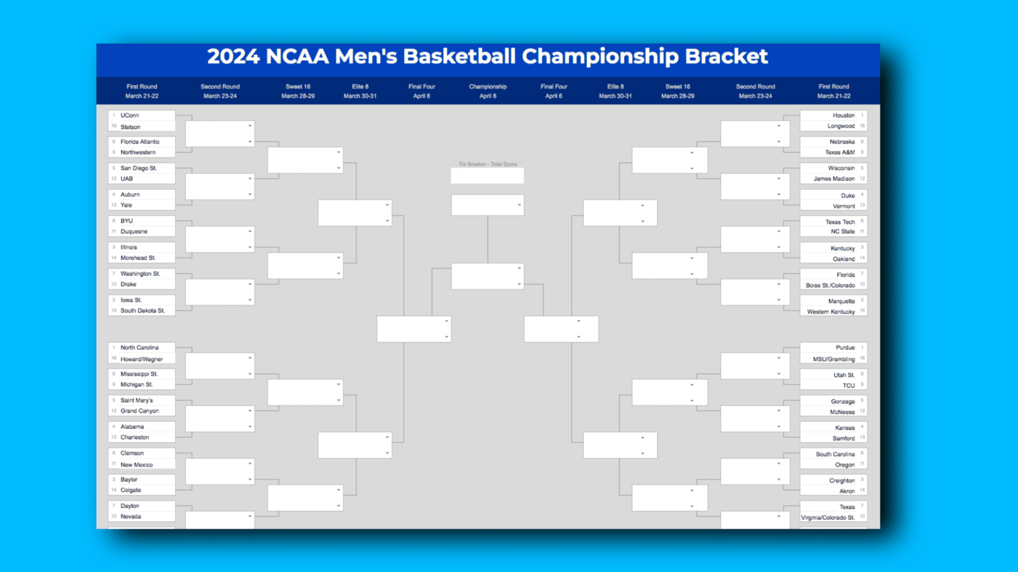 2025 March Madness Bracket (Excel &amp;amp; Google Sheets Template) | March Madness 2025 Calendar Printable