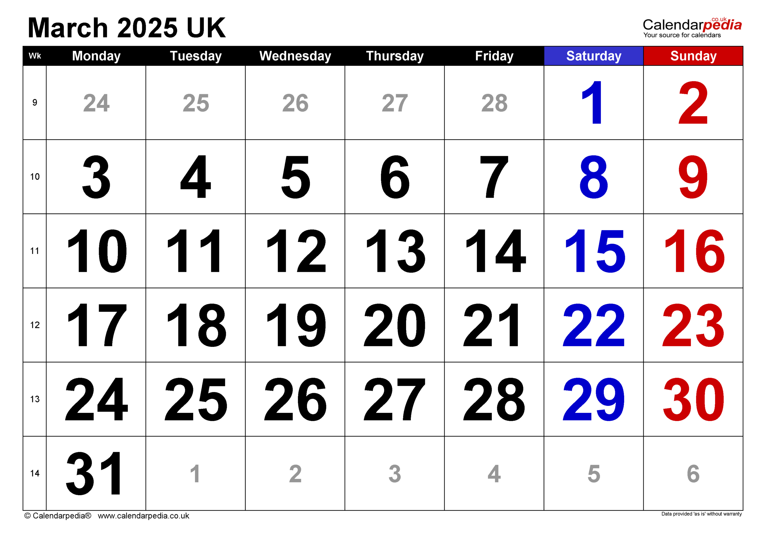 Calendar March 2025 Uk With Excel, Word And Pdf Templates | Calendar For 2025 March