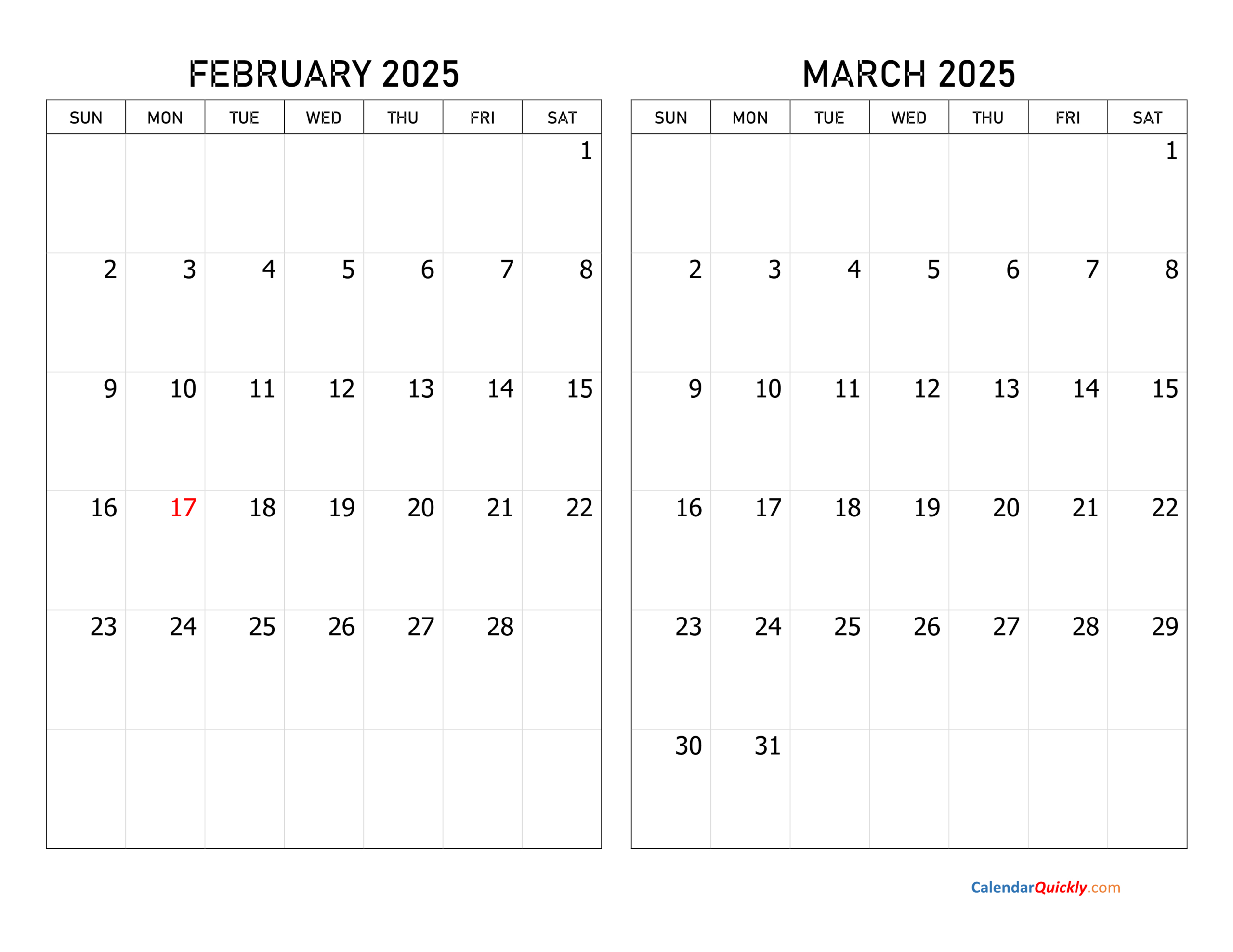 February And March 2025 Calendar | Calendar Quickly | February And March Calendar Printable 2025