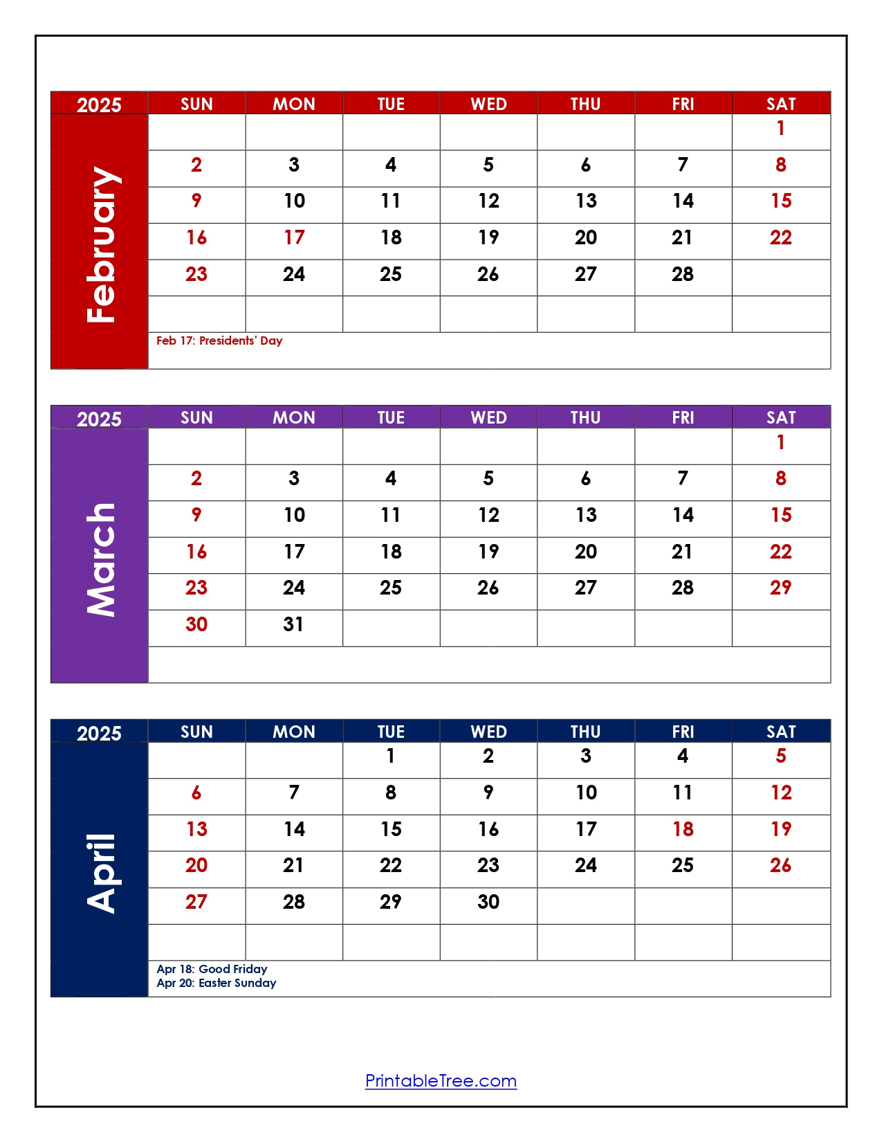 February To April 2025 Calendar Printable Pdf | Three Months Calendar | Feb March April 2025 Calendar