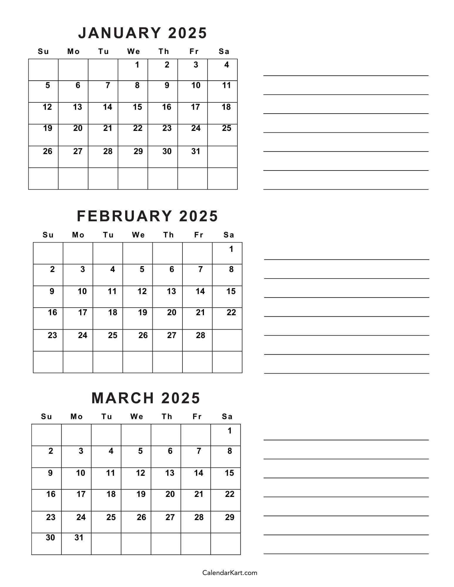 Free Printable January To March 2025 Calendar - Calendarkart | Jan Feb and March 2025 Calendar Fre Printable