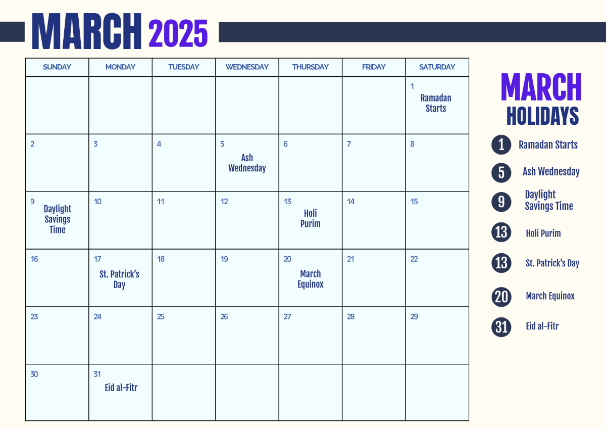 Free Printable March 2025 Calendar With Holidays Template To Edit | March 2025 Calendar Holidays