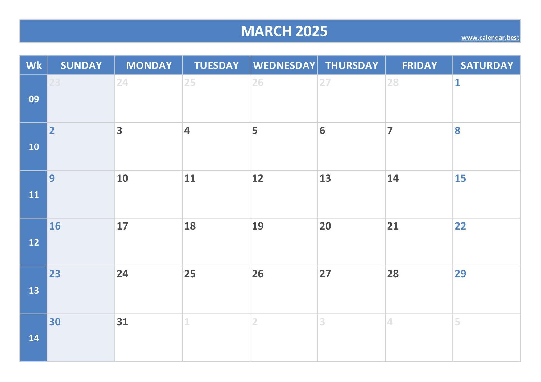 March 2025 Calendar -Calendar.best | March Calendar Numbers Printable 2025