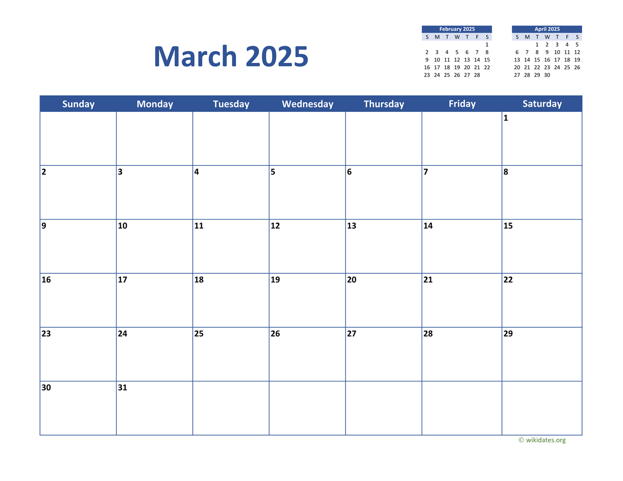 March 2025 Calendar Classic | Wikidates | Calendar 2025