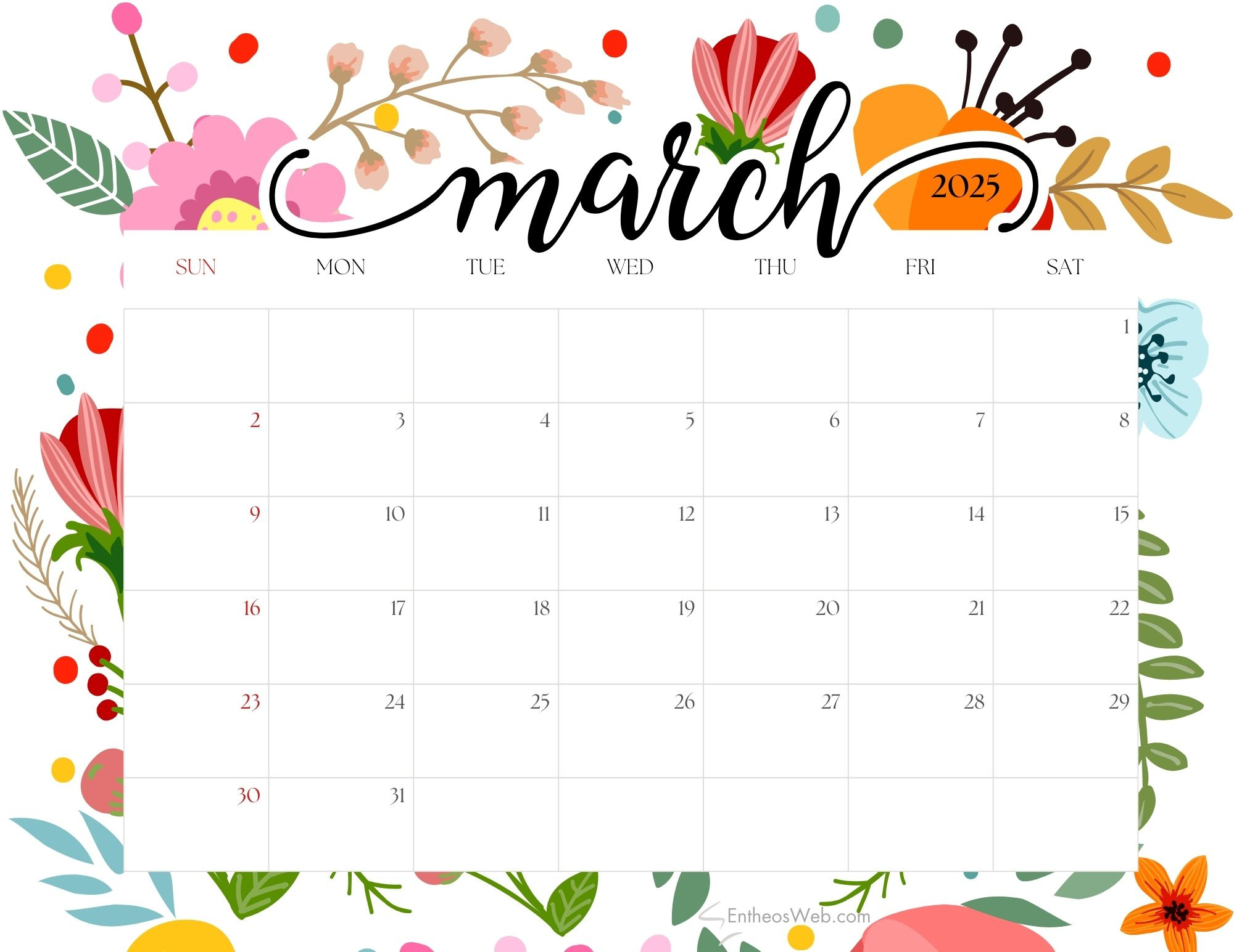 March 2025 Calendars – Free Pdf Printable Downloads | Entheosweb | 2025 March Calendar Printable