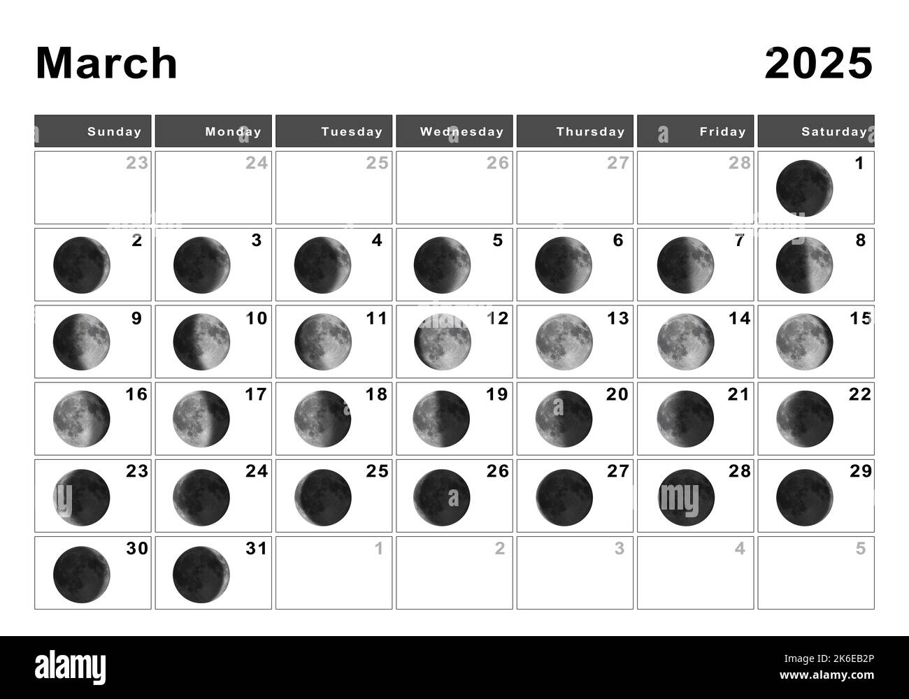 March 2025 Lunar Calendar, Moon Cycles, Moon Phases Stock Photo | March Moon Phase Calendar 2025