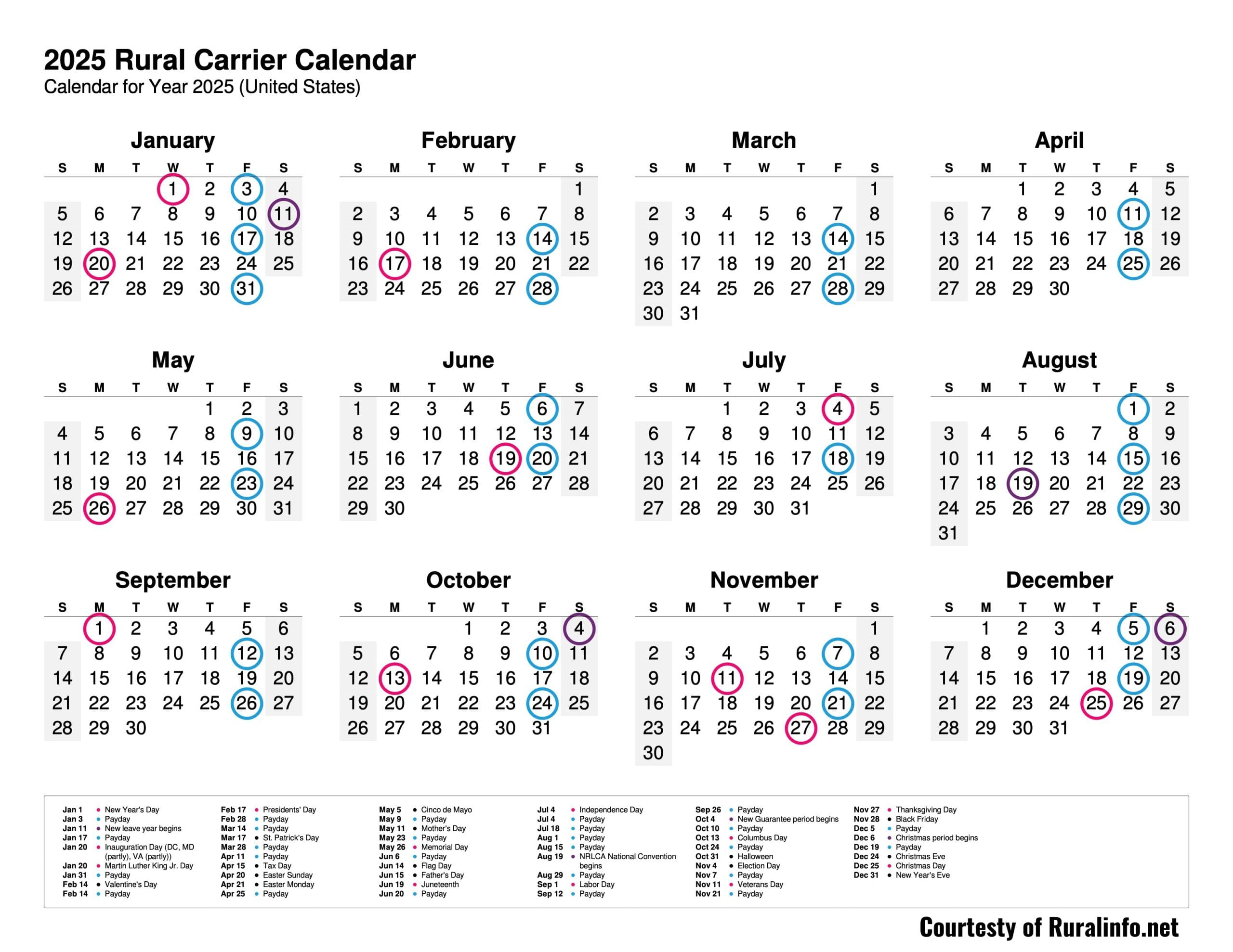 New Printable 2025 Rural Carrier Calendar - Ruralinfo | Nalc Calendar 2025 With Holidays Printable