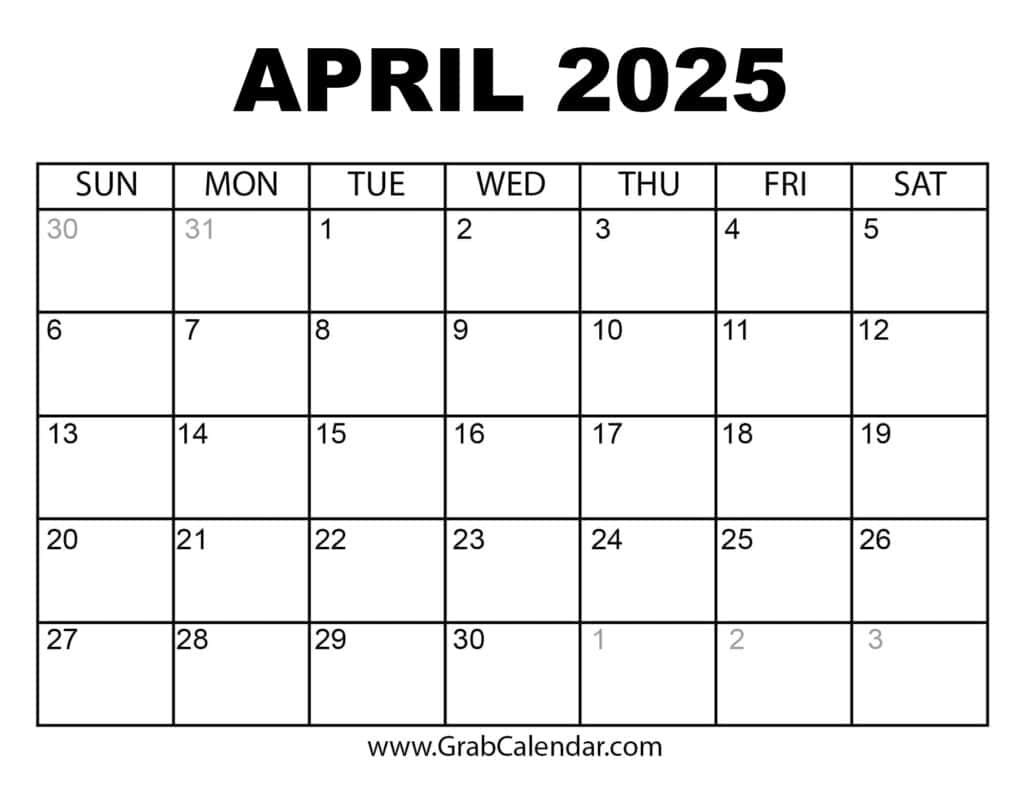 Printable April 2025 Calendar | Printable Calendar April 2024 to March 2025