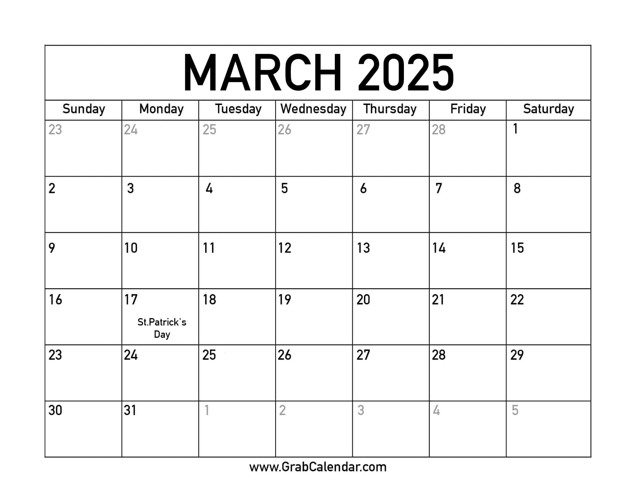 Printable March 2025 Calendar | March 2025 Calendar with Holidays Printable