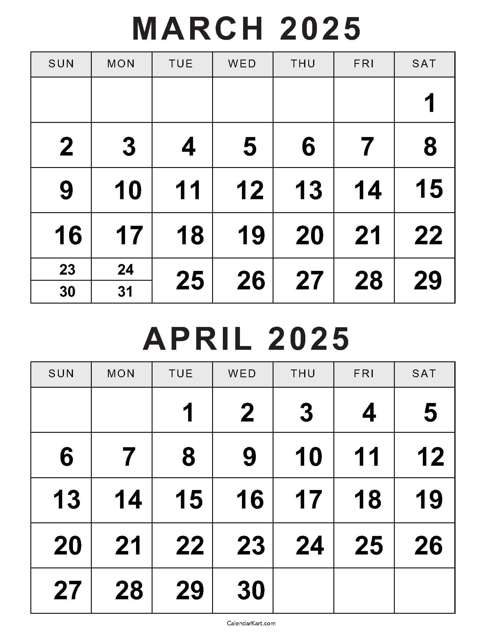 Printable March April 2025 Calendar | Calendarkart | March and April 2025 Calendar Printable