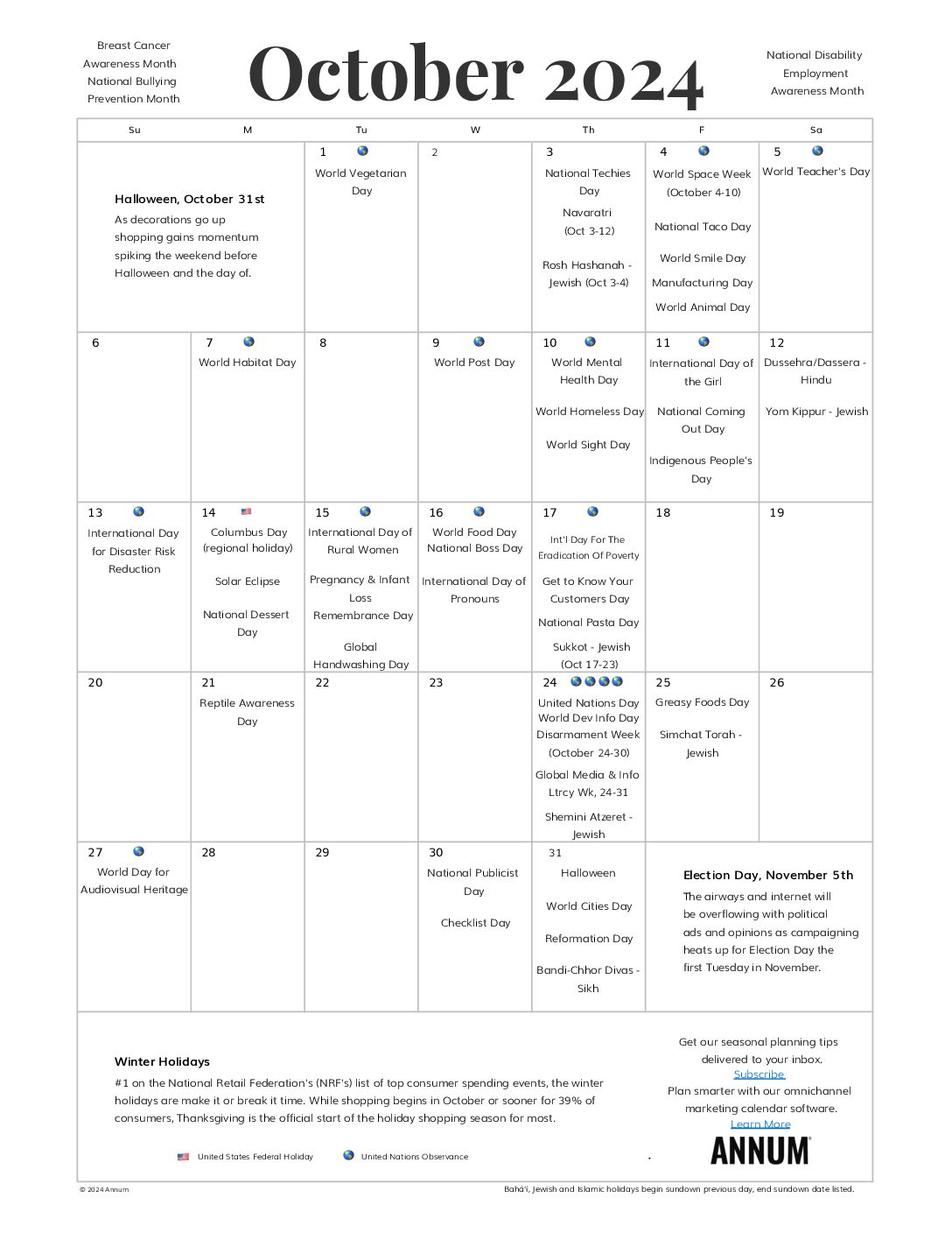 Printable October 2024 Calendar | October Holidays | Annum | October 2024 Calendar Events