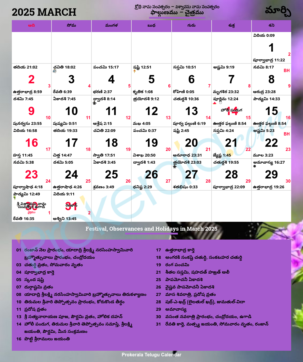 Telugu Calendar March, 2025 | మార్చి, 2025 క్యాలెండర్ | March 2025 Telugu Calendar