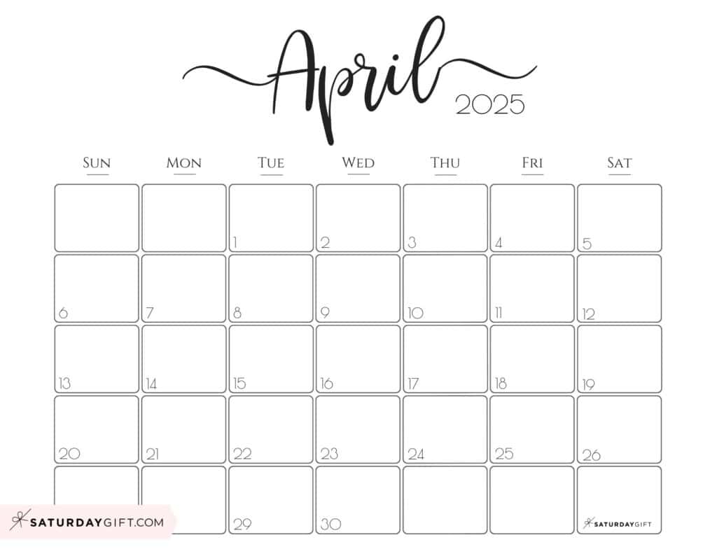 April 2025 Calendar - 20 Cute &amp;amp; Free Printables | Saturdaygift | 5x7 Printable Calendar April 2025