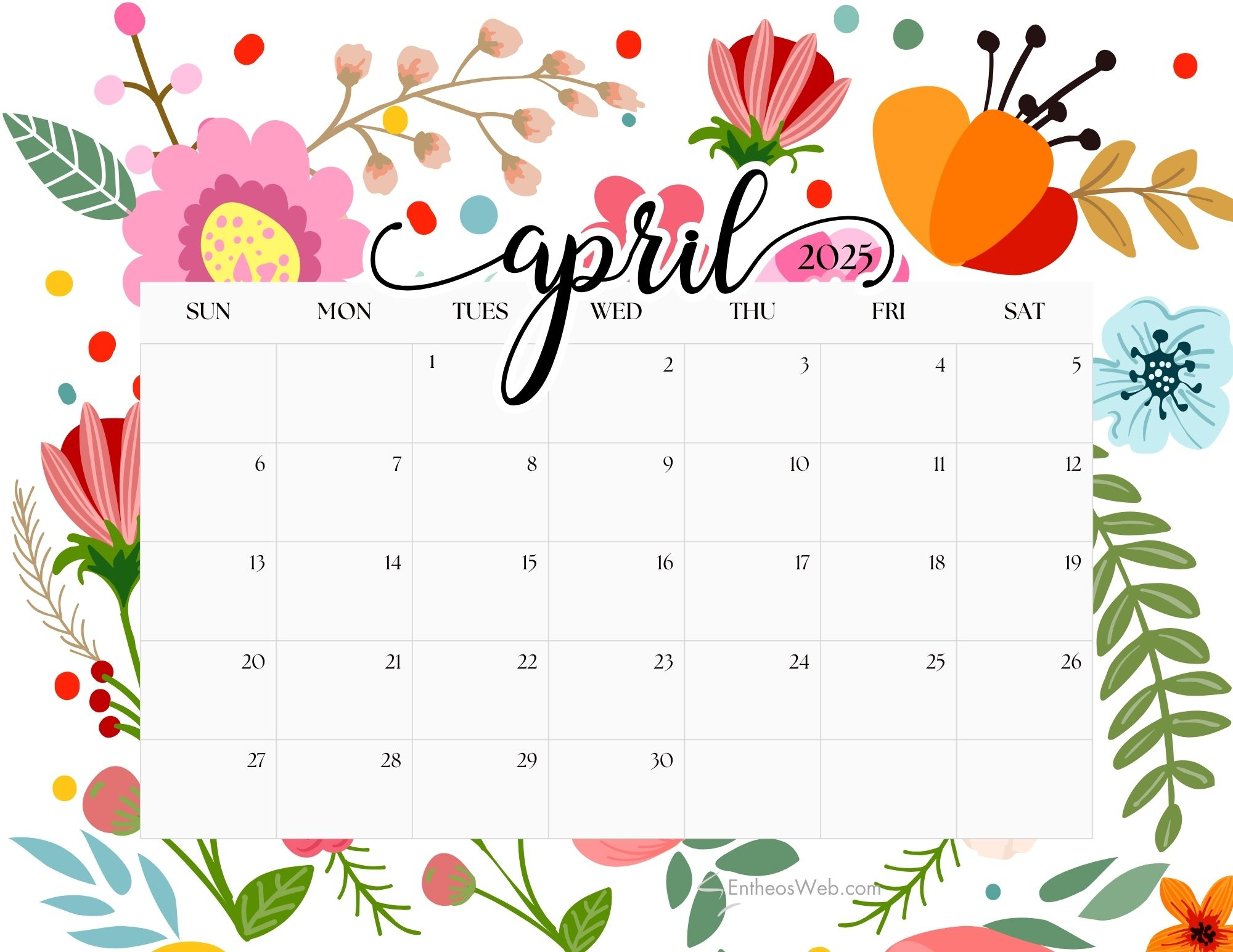 April 2025 Calendar Printables | Entheosweb | Cute Printable April Calendar 2025