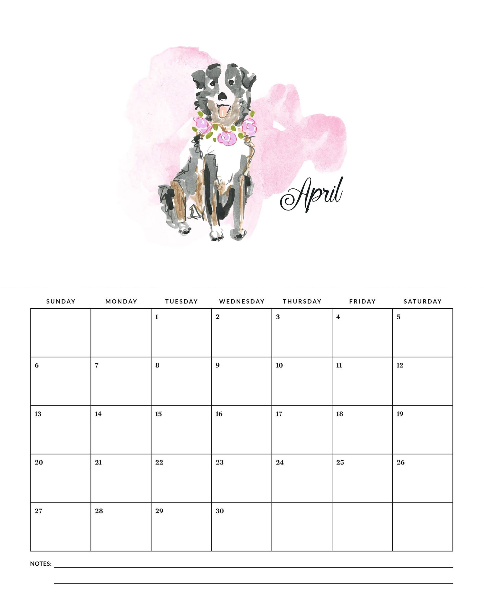 Free Printable 2025 Watercolor Dog Calendar - The Cottage Market | April 2025 Printable Puppy Calendar