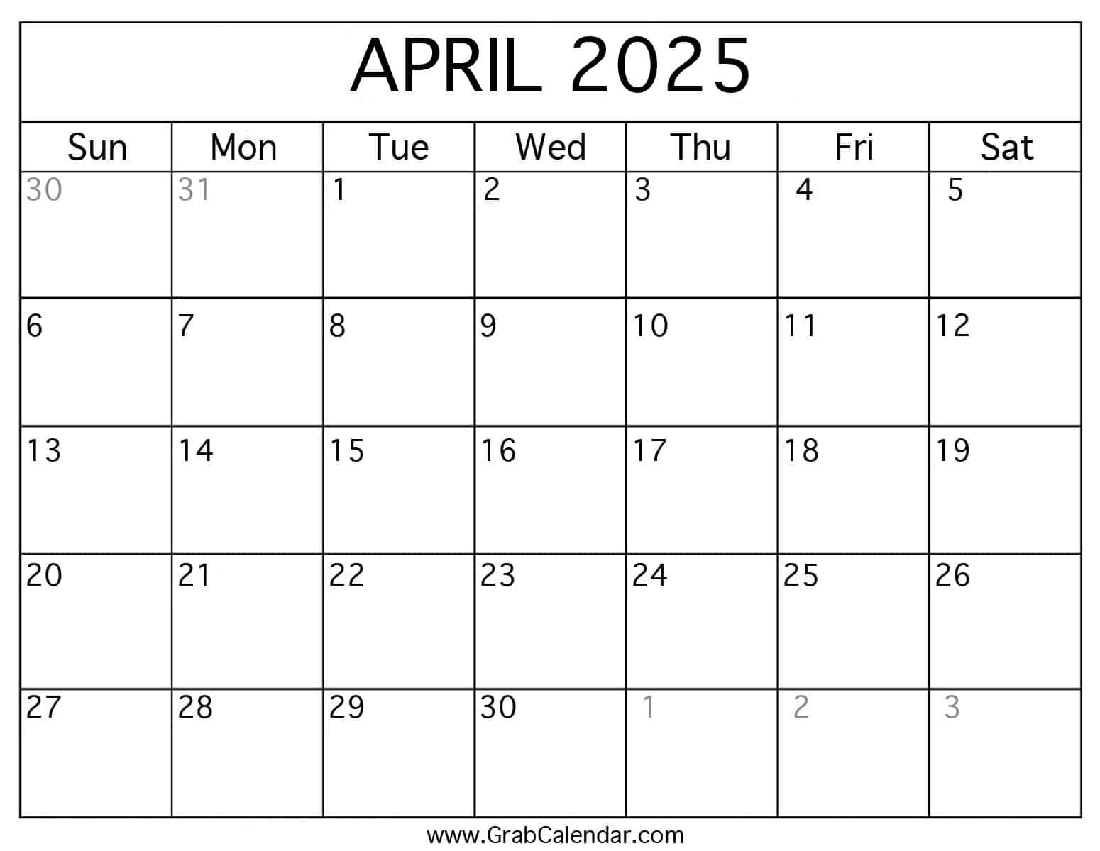Printable April 2025 Calendar | April 2025 Blank Calendar Printable