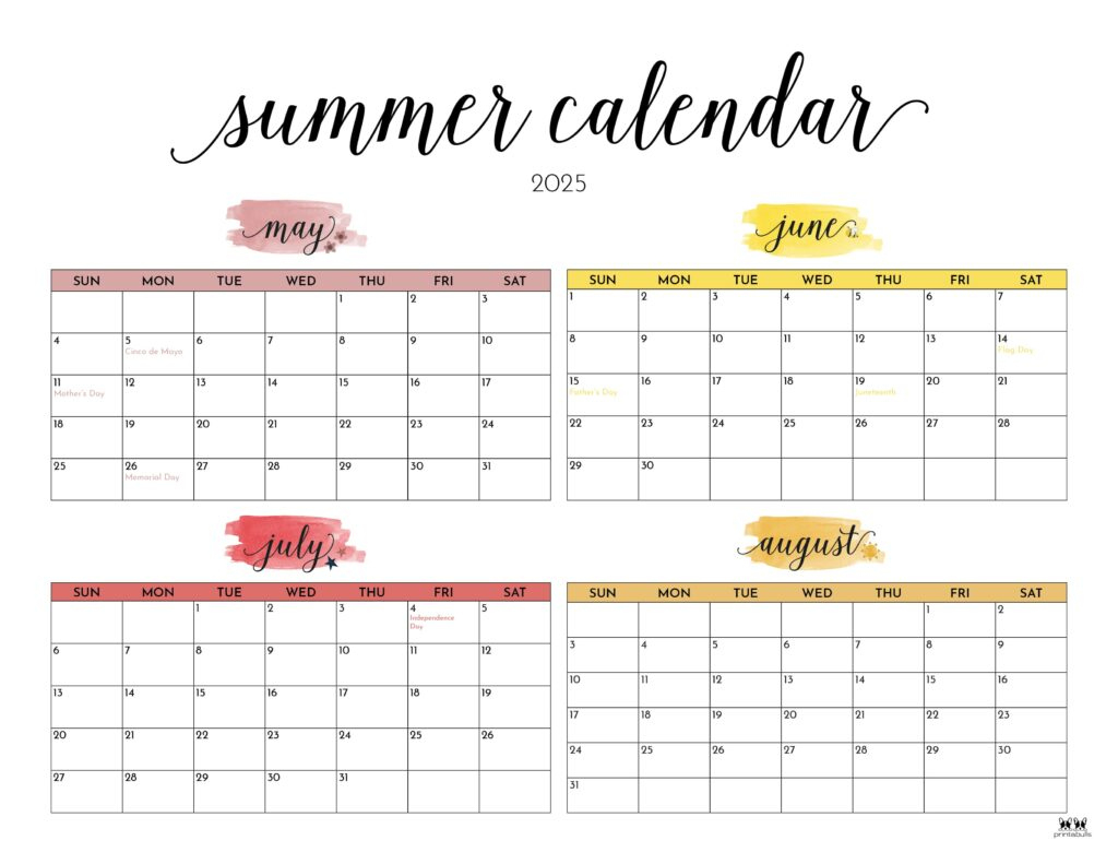 2025 Summer Calendars - 27 Free Printables | Printabulls | May June July August 2025 Calendar
