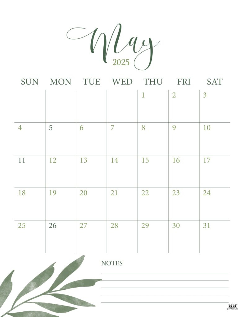 May 2025 Calendars - 107 Free Printables | Printabulls | May 2025 Green Calendar