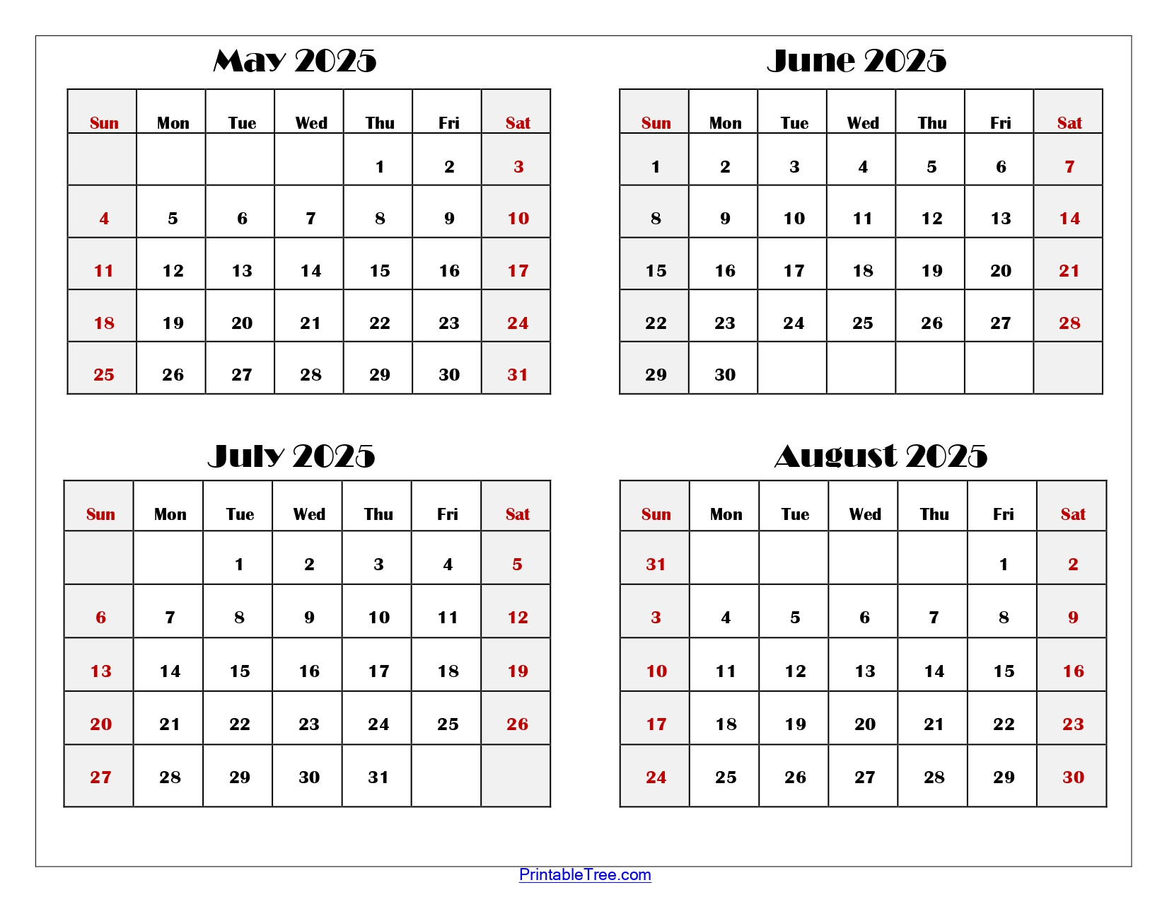 May To August 2025 Calendar Printable Pdf | Four Months Calendar | May June July August 2025 Calendar