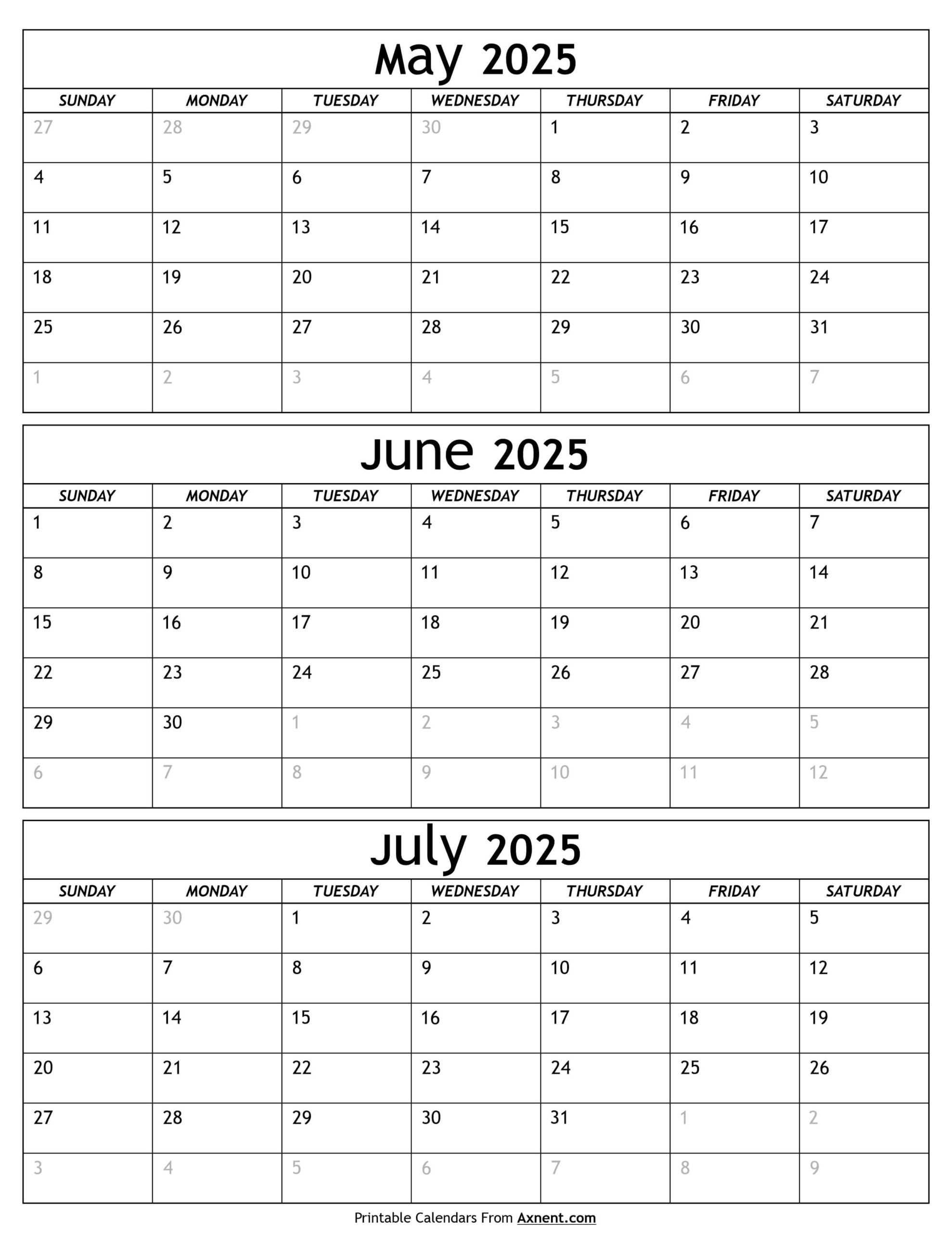 May To July Calendar 2025 Templates - Three Months | May June July Calendar 2025