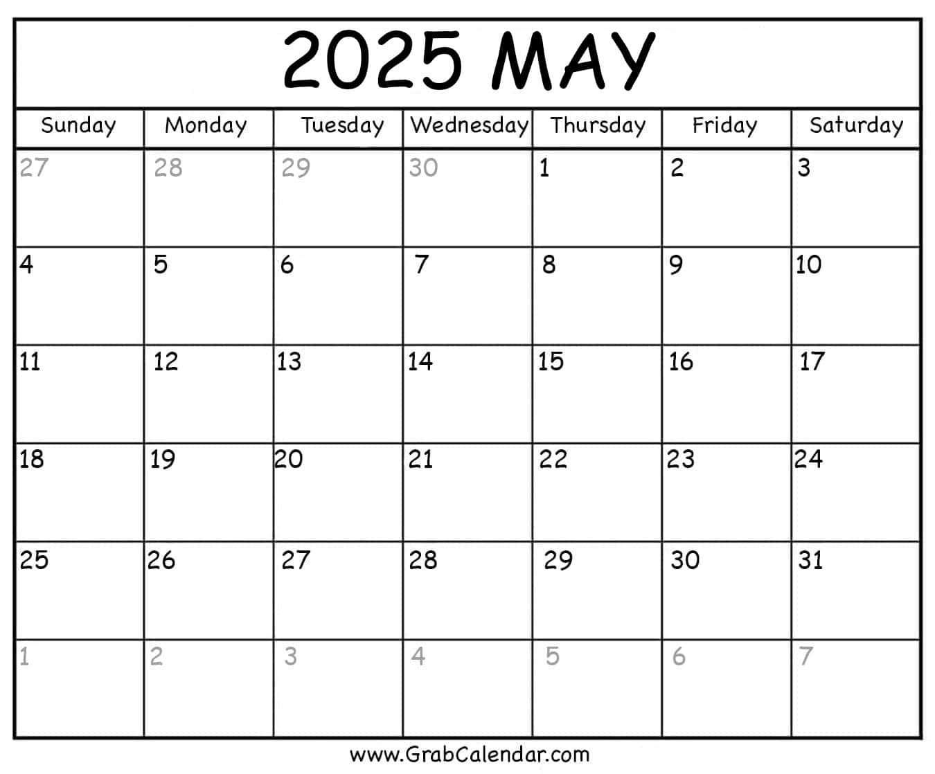 Printable May 2025 Calendar | Month of May 2025 Calendar