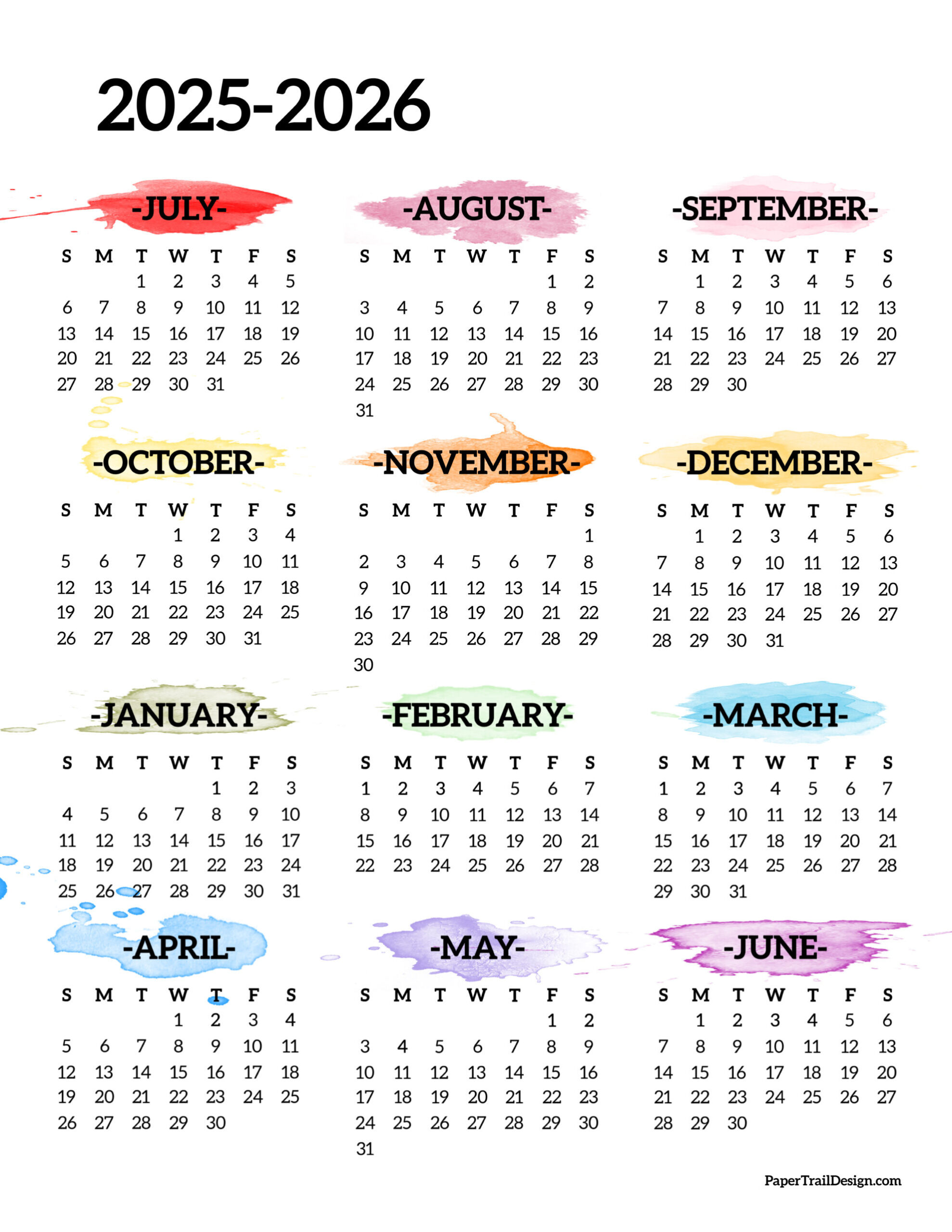 2025-2026 School Year Calendar Free Printable - Paper Trail Design | June 2025 July 2026 Calendar