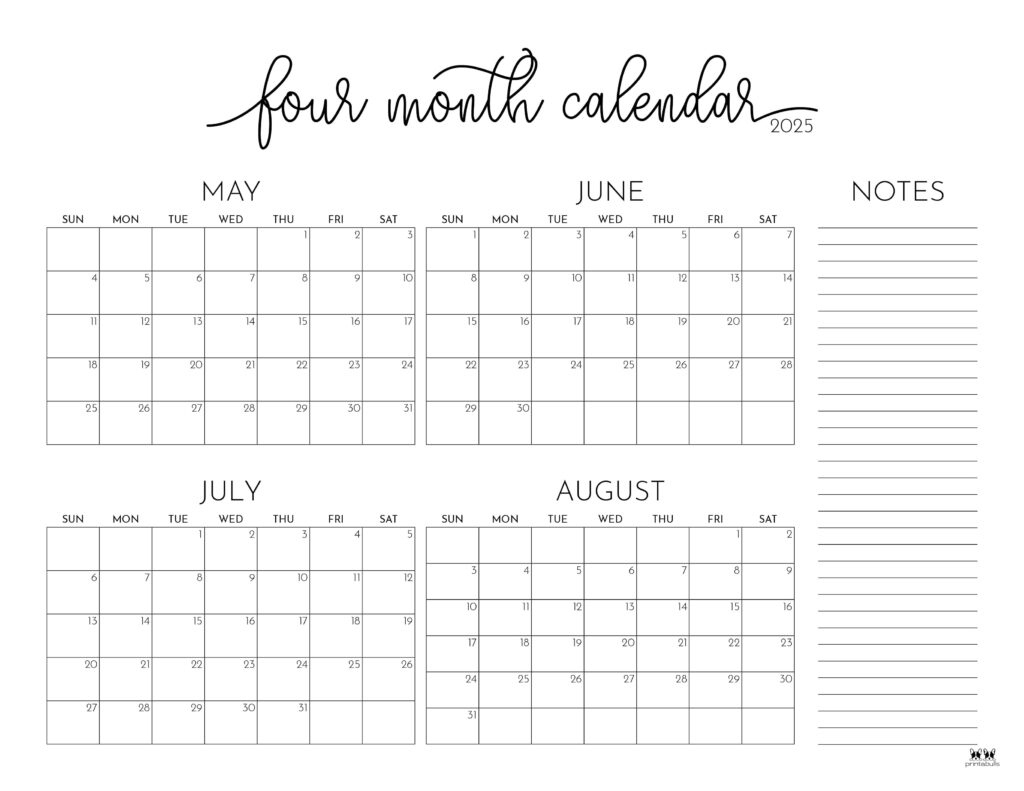 2025 Four Month Calendars - 31 Free Printables | Printabulls | April May June July 2025 Calendar