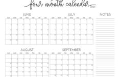 2025 Four Month Calendars – 31 Free Printables | Printabulls | June July August September 2025 Calendar