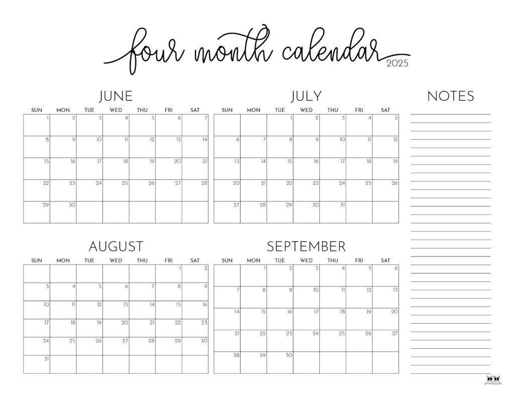 2025 Four Month Calendars - 31 Free Printables | Printabulls | June July August September 2025 Calendar