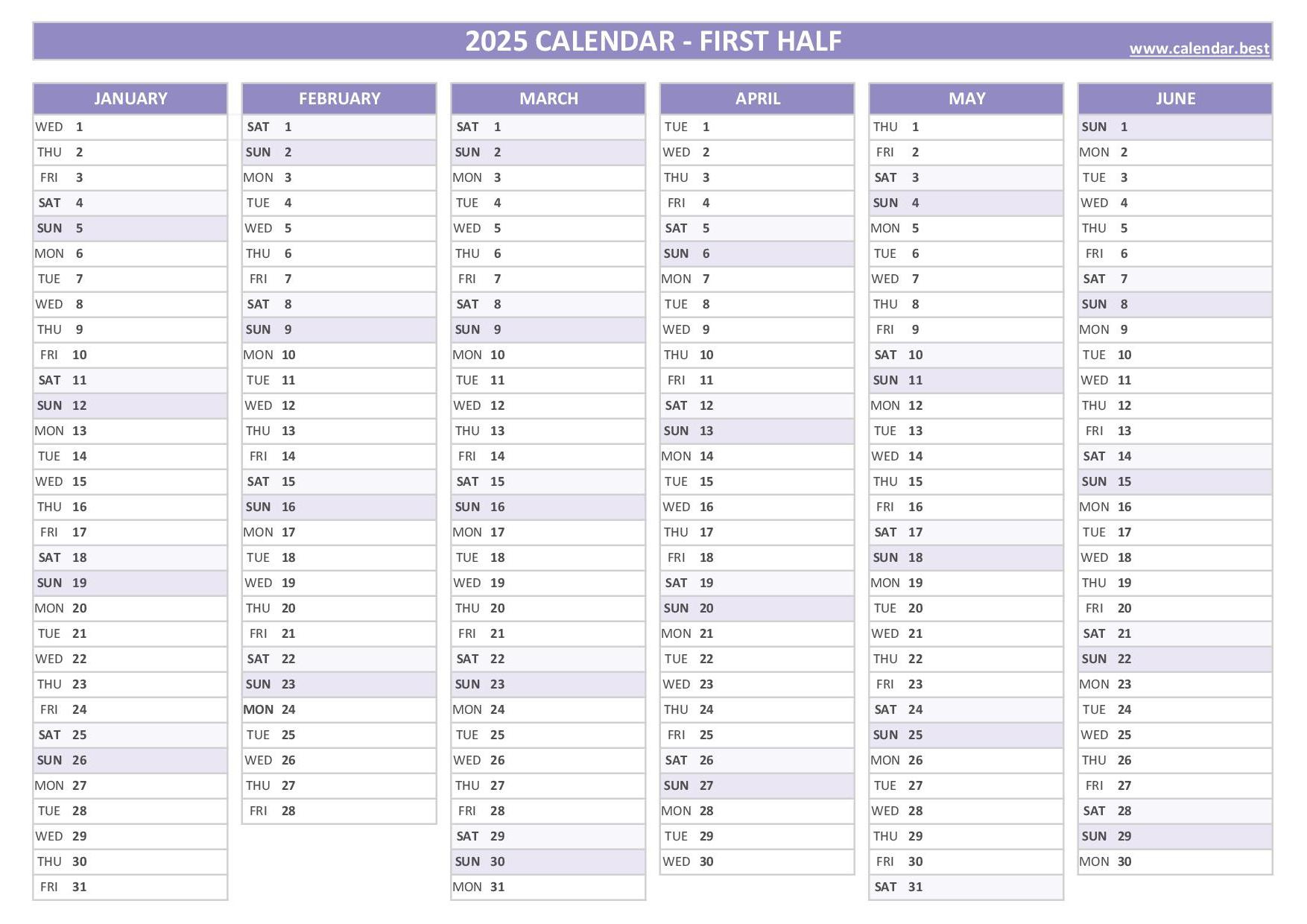 2025 Half Year Calendar To Print | Calendar 2025