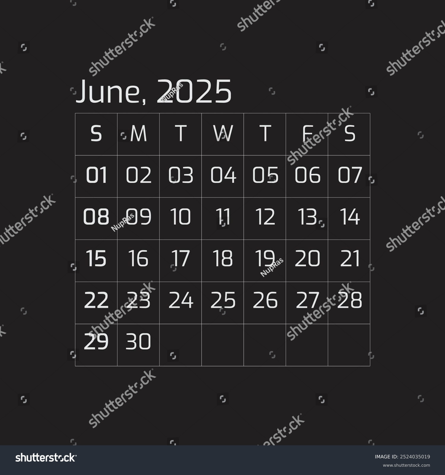 2025 June Year Dark Calendar Single Stock Vector (Royalty Free | June 2025 Calendar Black Background
