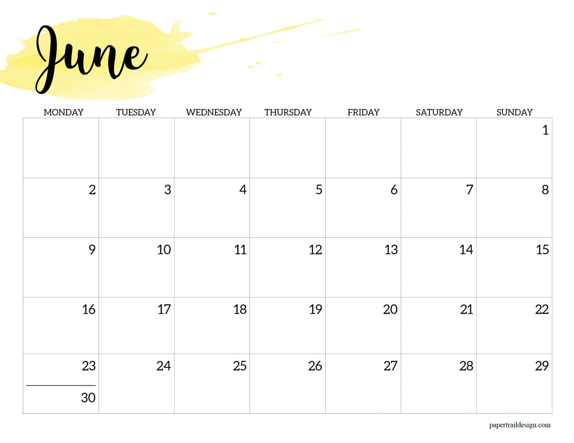 2025 Monday Start Calendar Printable - Watercolor - Paper Trail Design | June 2025 Calendar Monday Start