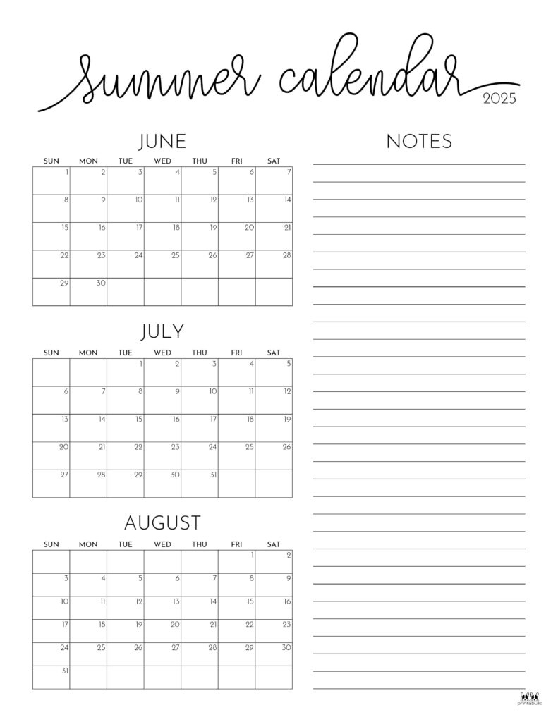 2025 Summer Calendars - 27 Free Printables | Printabulls | June July August 2025 Calendar Editable