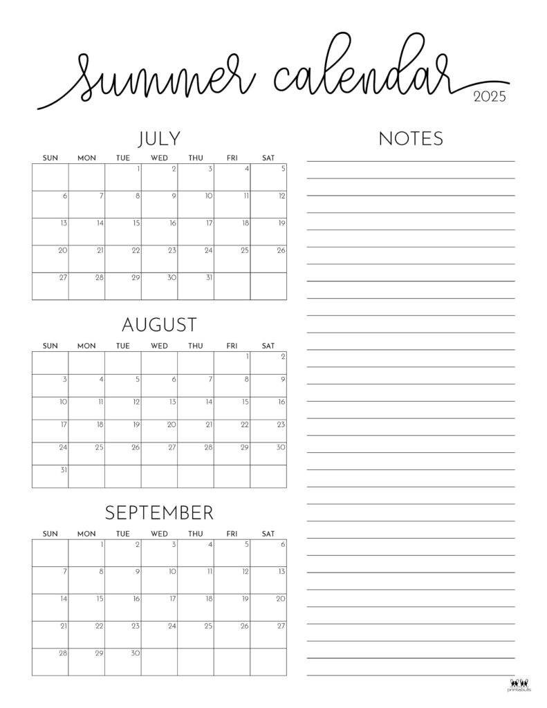 2025 Summer Calendars - 27 Free Printables | Printabulls | June July August 2025 Calendar Printable