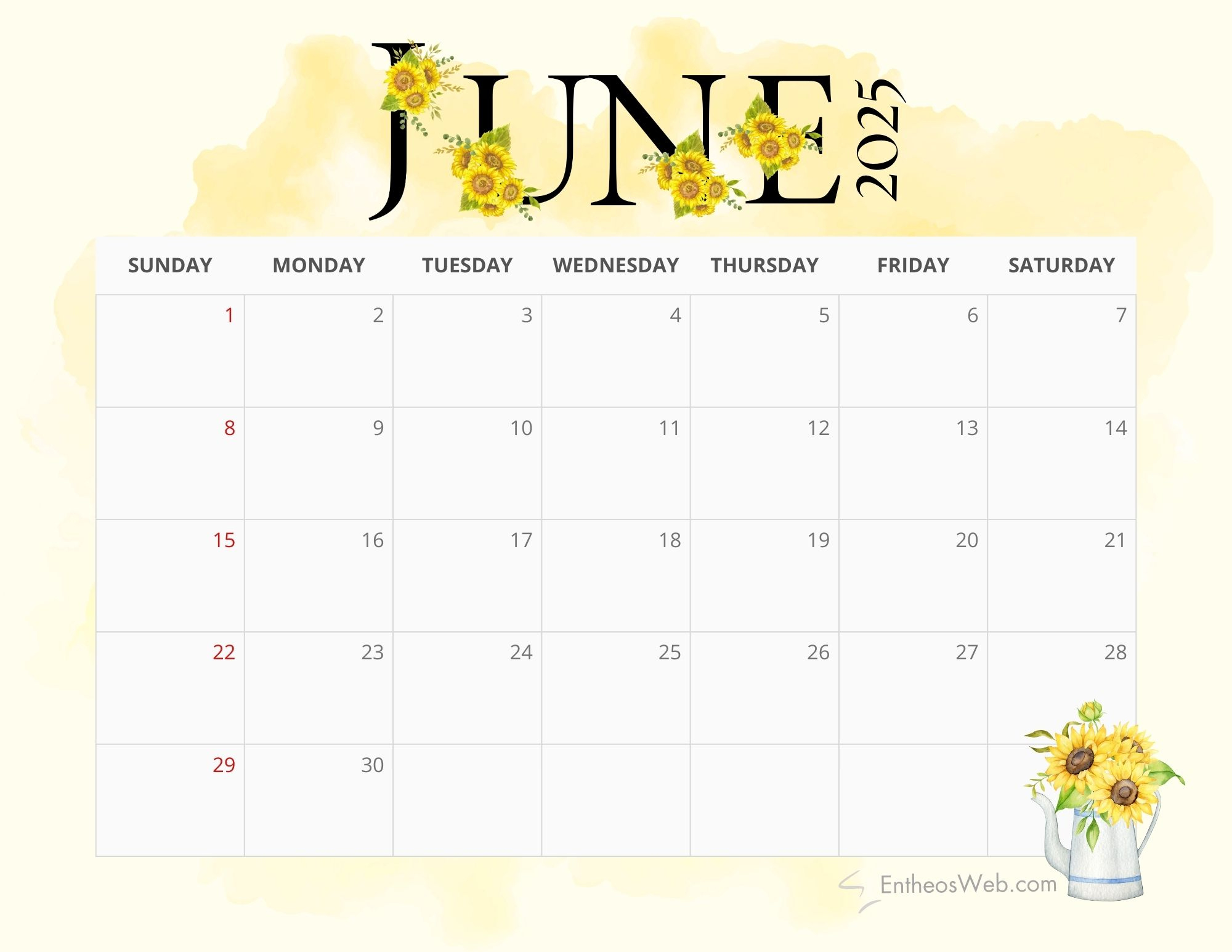 2025 Sunflowers Calendar Printable | Entheosweb | Sunflower June 2025 Calendar