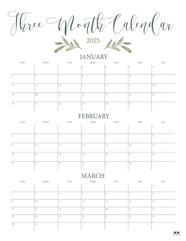 2025 Three Month/Quarterly Calendars - 36 Free Cals | Printabulls | 3 Month Calendar 2025 June July August