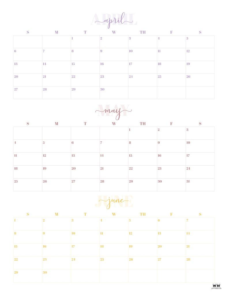 2025 Three Month/Quarterly Calendars - 36 Free Cals | Printabulls | 3 Month Calendar Printable June July August 2025
