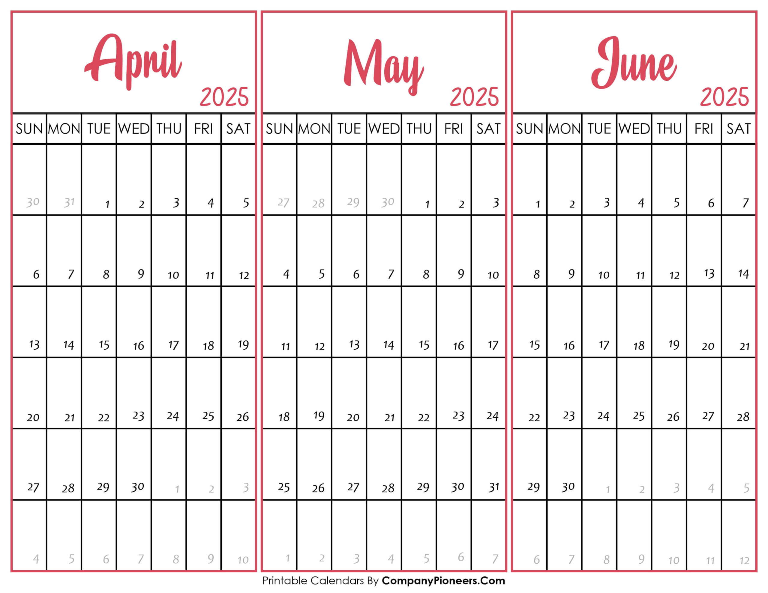 April May June 2025 Calendar Printable - Template | April May June Calendar Printable