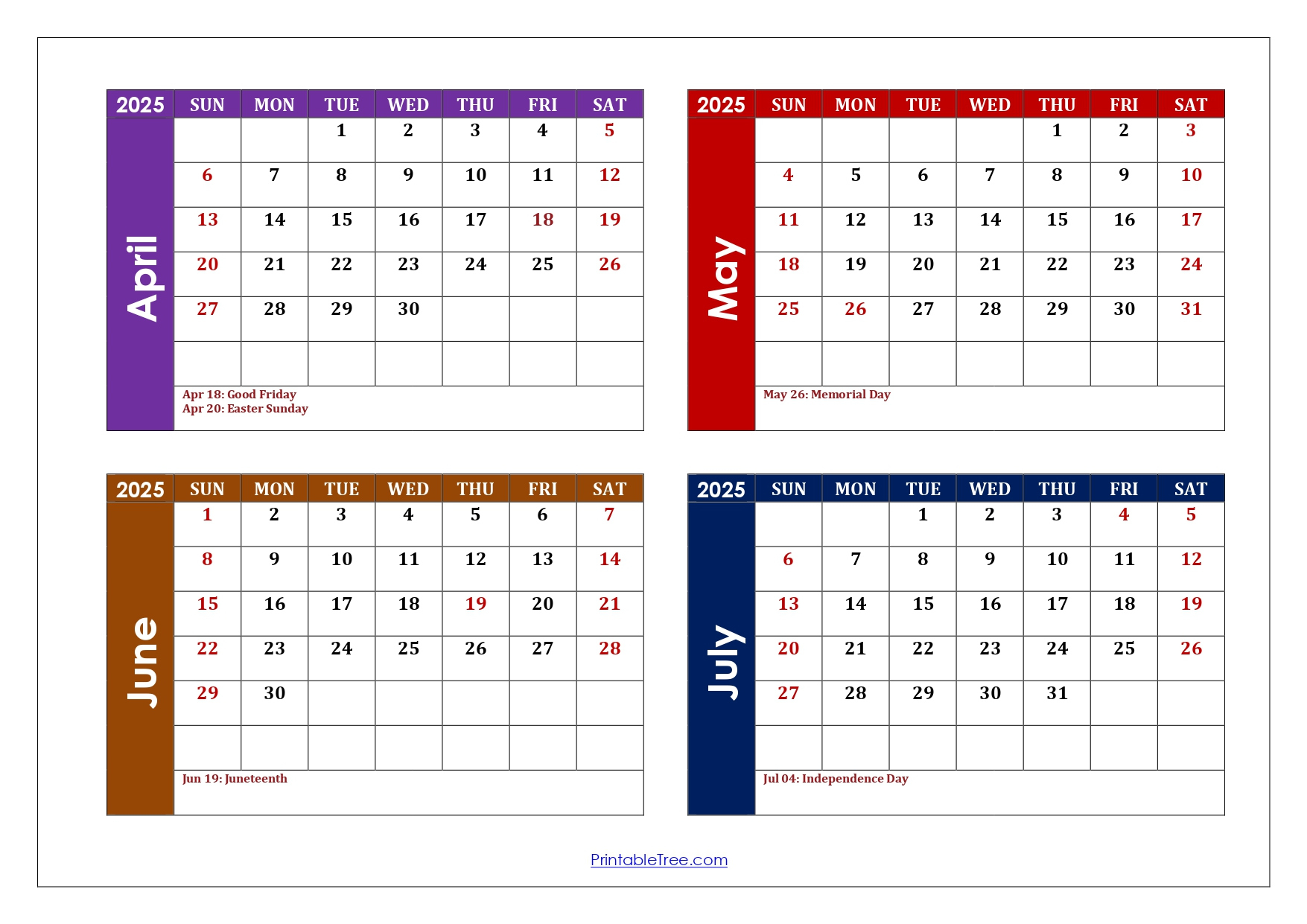 April To July 2025 Calendar Printable Pdf | Four Months Calendar | April May June July 2025 Calendar