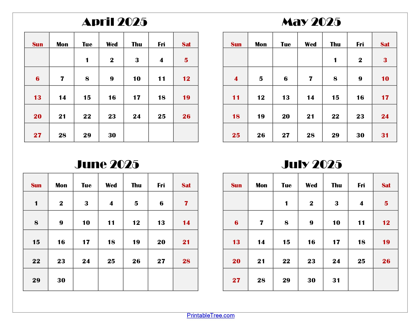 April To July 2025 Calendar Printable Pdf | Four Months Calendar | April May June July 2025 Calendar