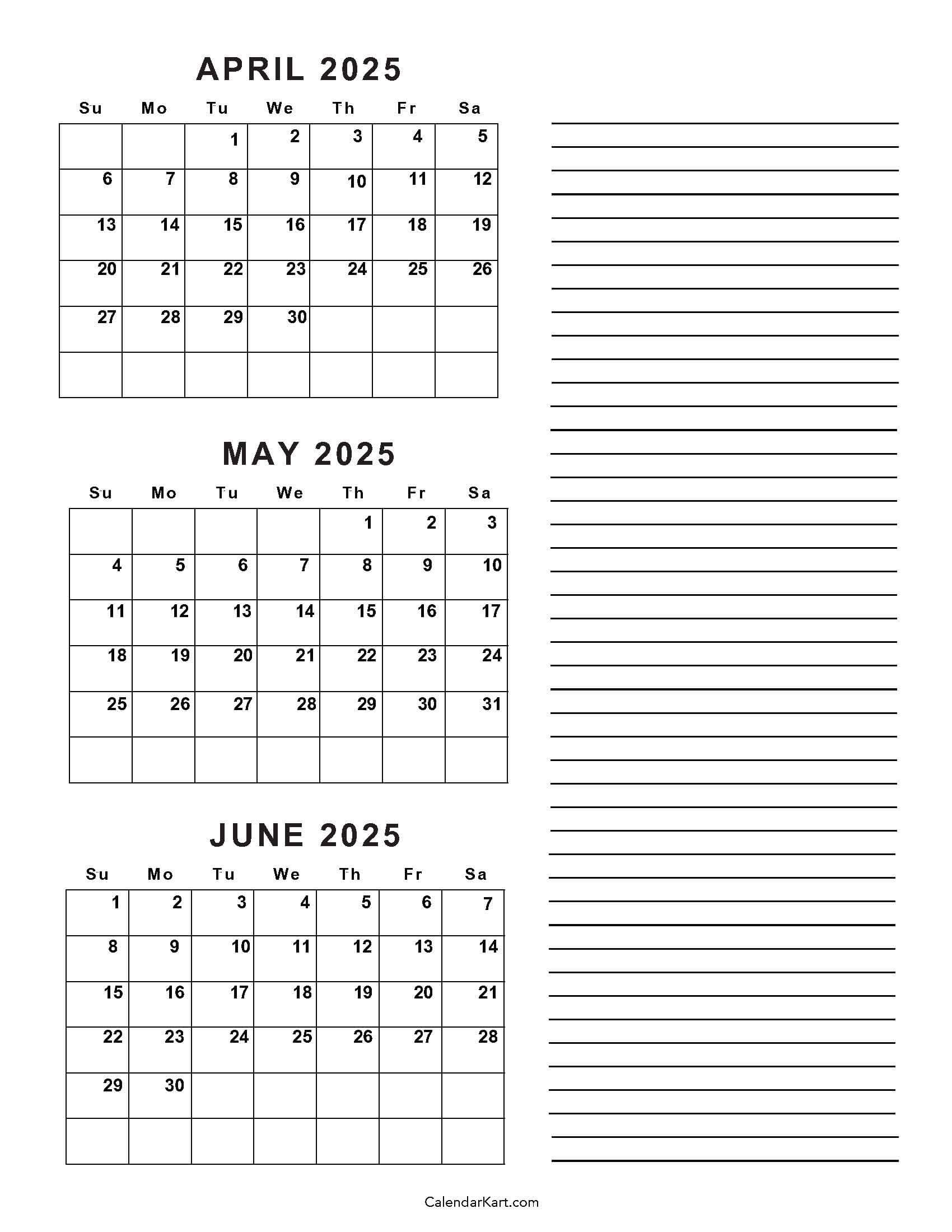 April To June 2025 Calendars (Q2): Free Printables | April May June Calendar Printable